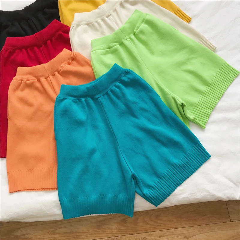 Fluoreszierende 7 Farben Gestrickte Shorts Frauen Stretch Hohe Taille Damen Kurze Hosen Frühling 2022 Lose Beiläufige Breite Bein Weibliche Shorts