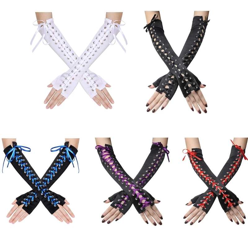 

Lace Up Fingerless Long Glove Sexy Satin Punk Gloves Half Finger Elbow Length Gloves Breathable Steampunk Gloves