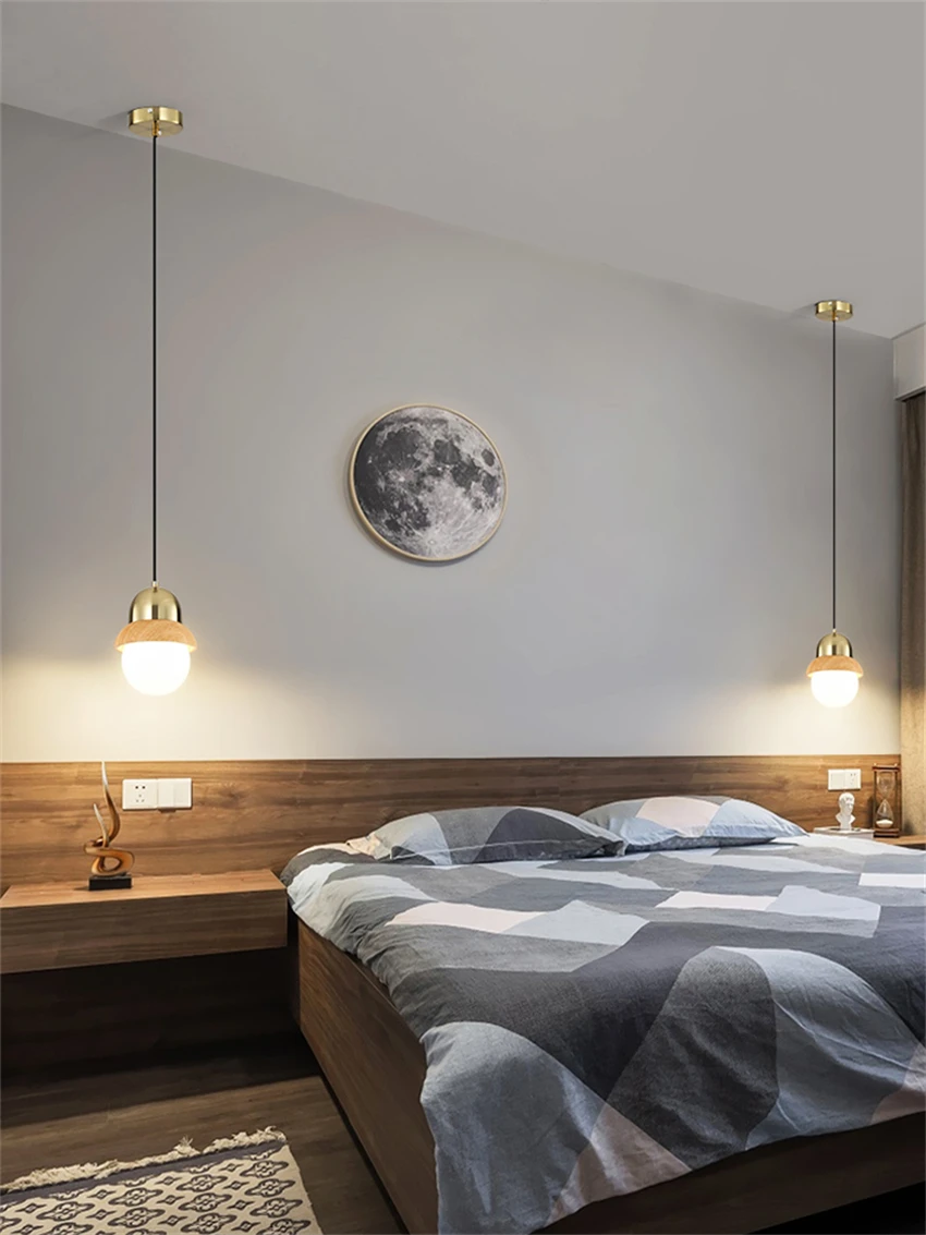 Nordic metal Wood grain pendant lights bedroom bedside light living room kitchen resin glass ball decorative lighting LED lamps