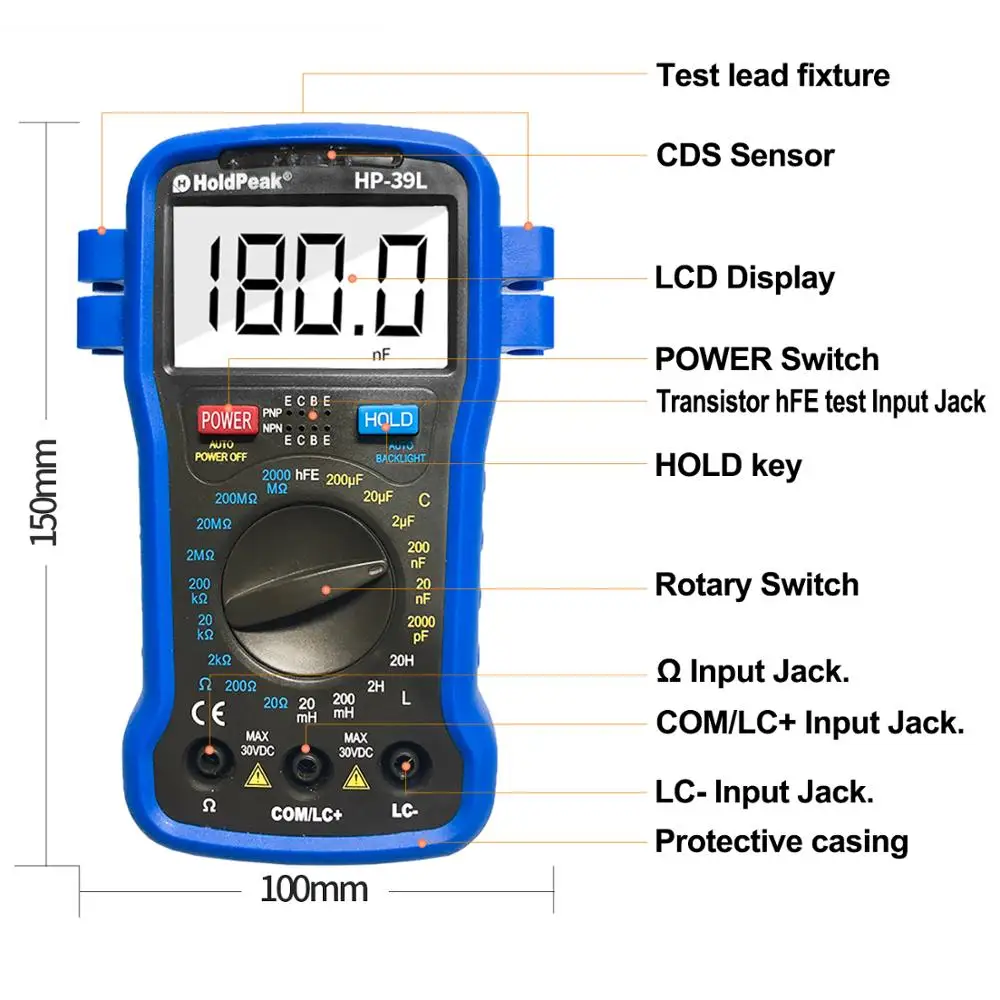 HoldPeak-Medidor de LCR Digital LCD de retroiluminación, probador de inductancia de capacitancia de resistencia, Transistor, hFE, HP-39L