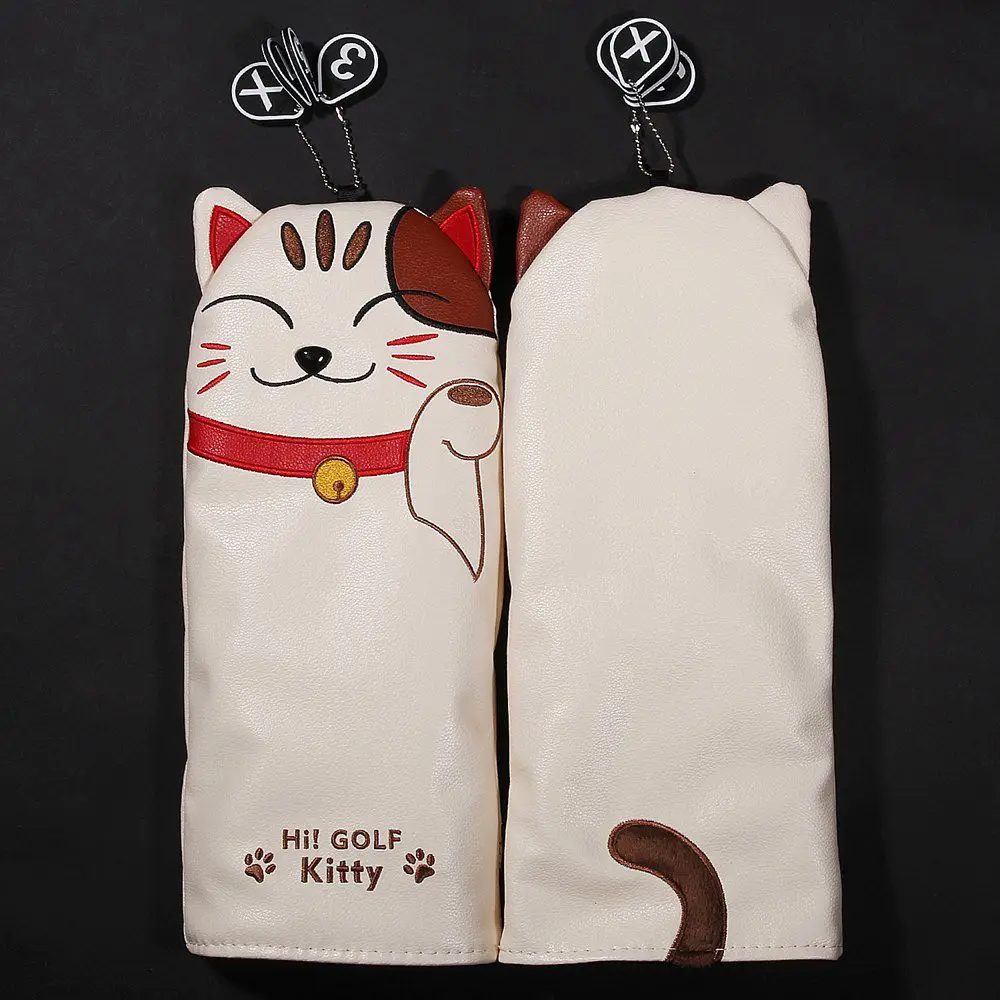 Cat PU Leather Kitty Embroidery Golf Club Head Covers for Driver Fairway Woods Hybird Blade Mallet Irons Putter