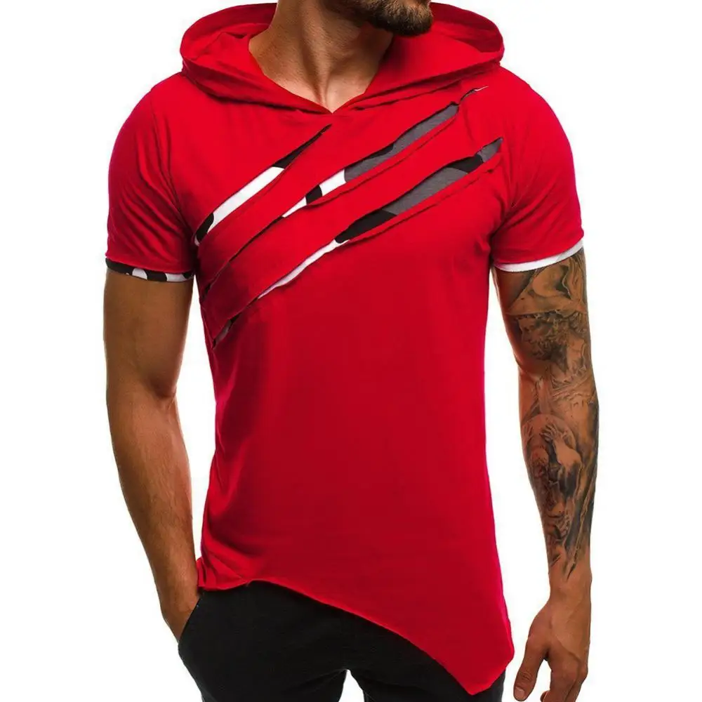 Men T-Shirts Casual Ripped Short Sleeve Ripped Irregular Hem Slim with Hood T-shirt Fitness Hoodie Summer 2021