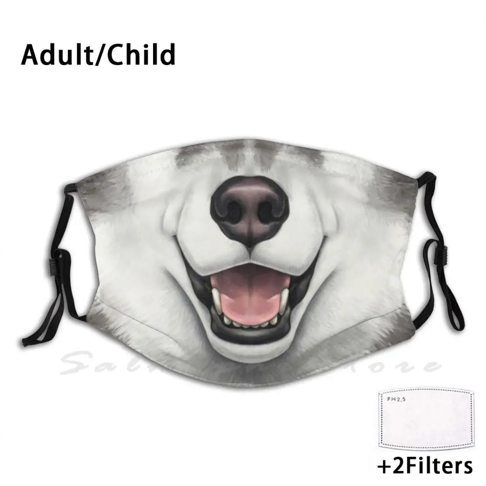 Bianco e nero Husky Face Print filtro lavabile maschera per bocca antipolvere Husky Dog Canine Malamute Pet Animal Mouth Tongue Cute