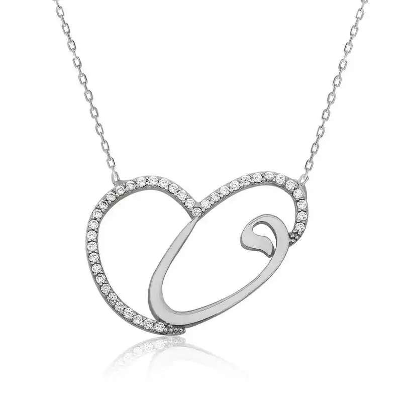 Silver Heart Vav Lady Zircon Stone Women Necklace 925 Sterling Fine Jewelry Wedding Party Birthday Gift - Box - Pendant - Chain Choker - Female - Ladies - Fashion