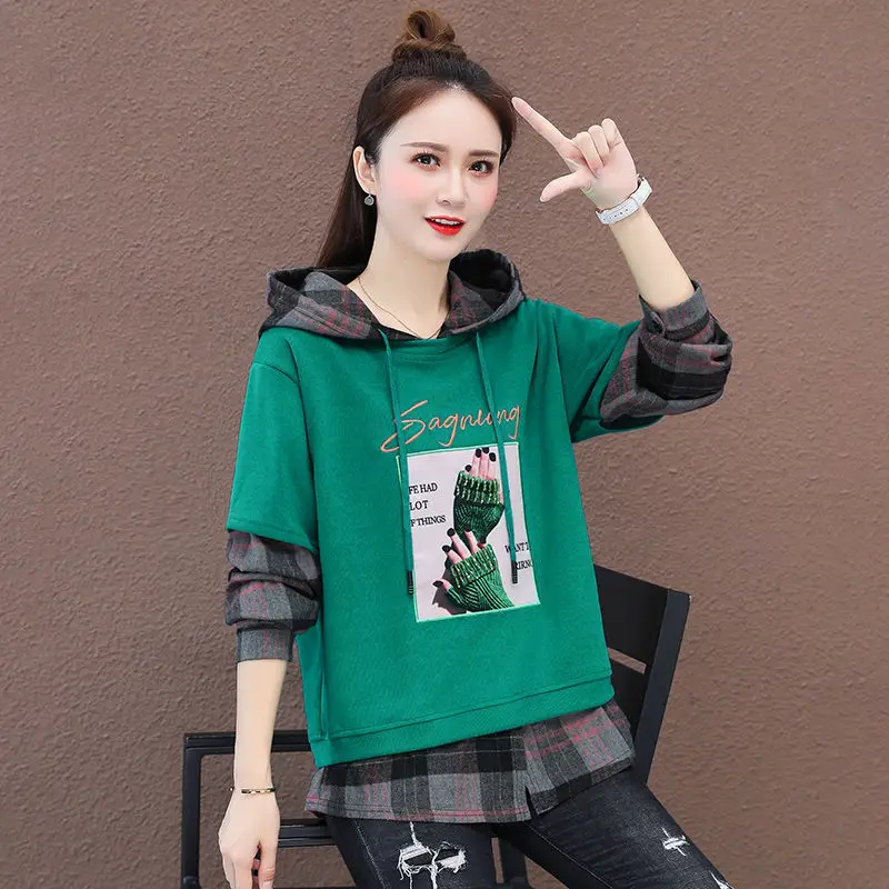 

Spring Autumn Style Women's Cotton Hoodies Printed Fake Two Pieces Printed Hooded Collar Korean Casual Sweatshirts AA4059