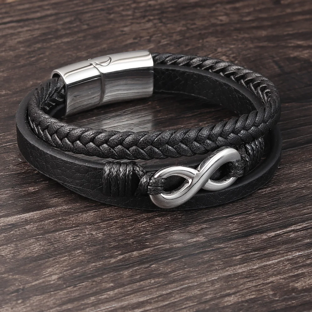 Stainless Steel Leather Bracelet Infinity Logo Special Popular Pattern Men\'s Bracelet DIY  Valentine\'s Day Handsome Gift