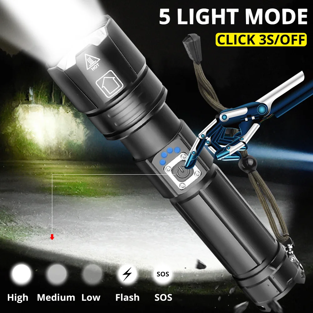 NEW Powerful Lights XHP90.2 Ultra Bright 18650 LED Flashlight USB Rechargeable XHP70 Tactical Light 26650 Zoom Camp Torch