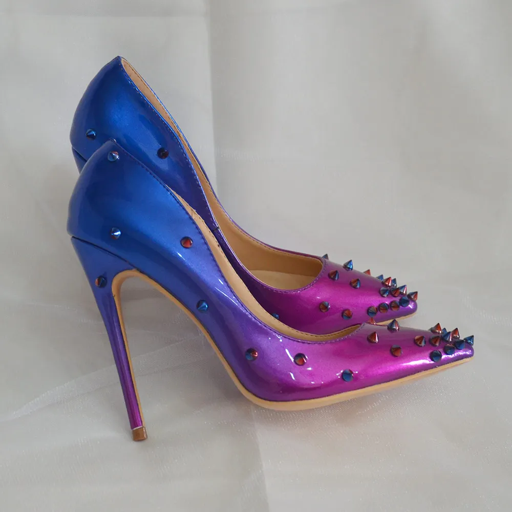 Veowalk Gradient Blue Purple Women Spikes Stilettos High Heels Sexy Pointy Toe High Heels Chic Ladies Rivets Club Party Shoes