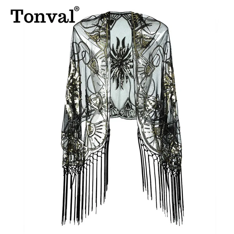 Tonval Luxury Accessory Open Front Vintage Flapper Fringe Shawl Women Going Out Party Mesh Sequin Elegant Cape Shawls