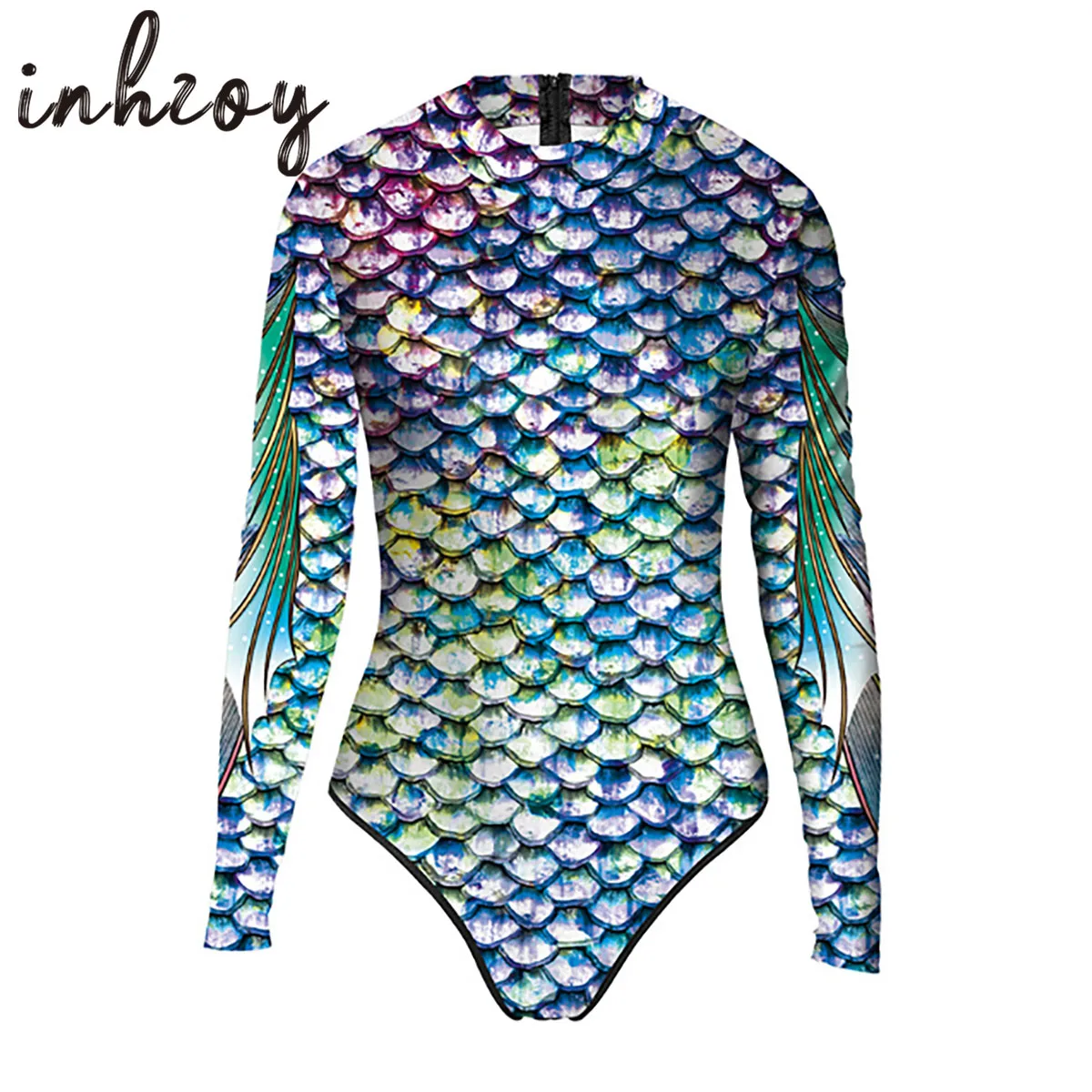 Womens Long Sleeve Mermaid Print Surfing Suit One Piece Leotard Swimsuit Wetsuit Zipper Back Stretchy Bodysuit Swimwear