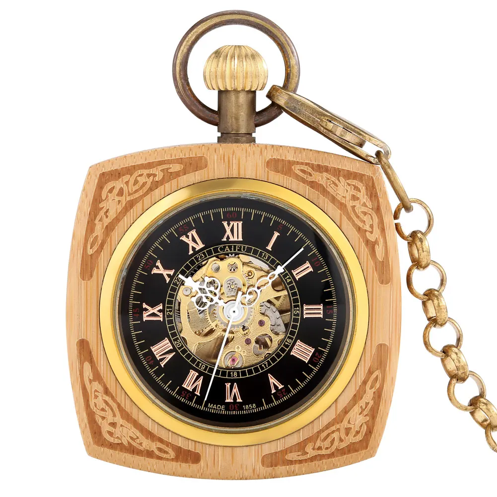 Solid Color Eco-Friendly Bamboo Square Mechanical Pocket Watch Stylish Flip Cover Classic Roman Numeral Dial Automatic Winding