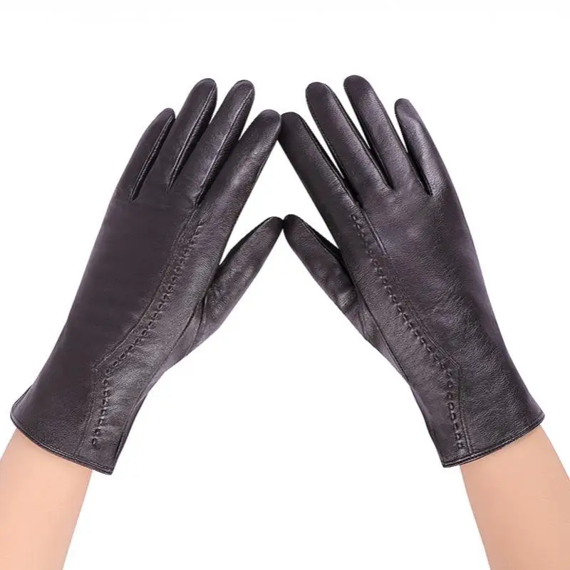 2020 Autumn and Winter New Fashion Ladies Leather Gloves Double-Layer Warm Outdoor Riding and Driving Cold Gloves