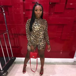 OMSJ 2026 High Quality Autumn Winter Bodycon Playsuits Fitness Casual Biker Jumpsuits Long Sleeves Leopard Print Stretch Rompers
