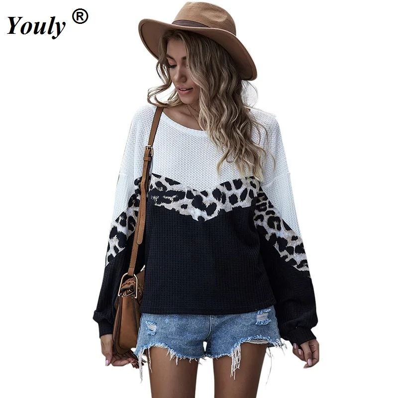 

Leopard Printed Sweater Women T-shirt 2021 Casual Autumn Winter Knited Black and White Patchwork Long Sleeve Pullover Loose Tops