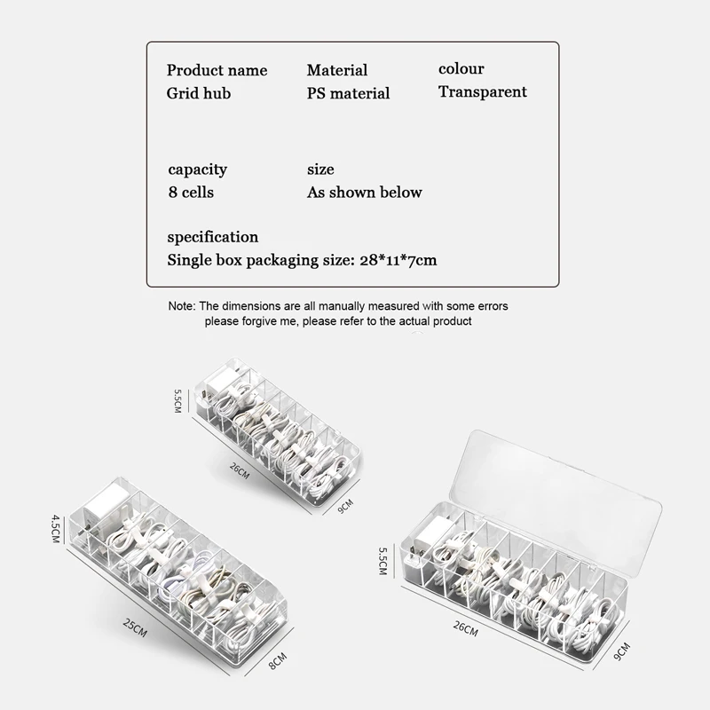 Cable Storage Box Transparent Plastic Data Line Storage Container for Desk Stationery Makeup Organizer, Key and Jewelry Box