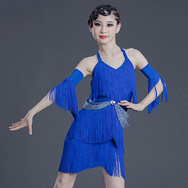 

Kids Latin Dance Performance Dress Girls Rhinestone Blue Tassels Dancing Outfit Rumba Dance Dress Latin Competition Wear BL6928