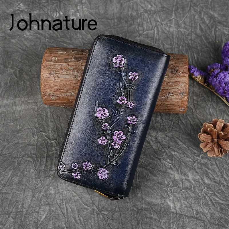 

Johnature Vintage Genuine Leather Women Wallets 2024 New Nature Cowhide Handmade Embossed Long Zipper Phone Purse Card Holder