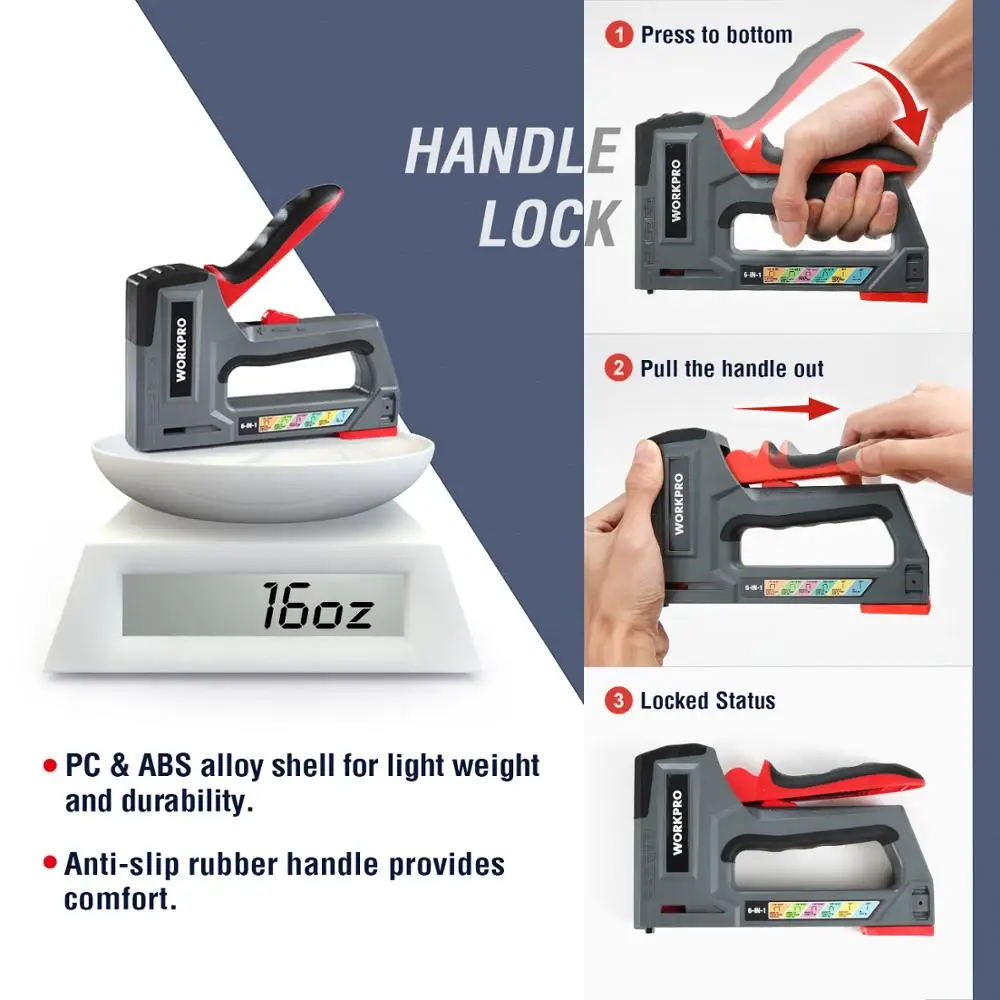 Workpro Licht Duty Nail Gun 6-In-1 Nietpistool Handleiding Brad Nailer Bekleding Nietmachine Voor Decoratie En timmerwerk