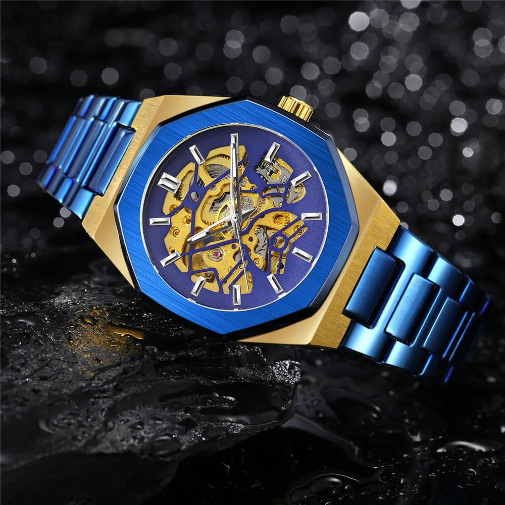 Forsining Top Brands Mechanical Men Watch Fashion Casual Skeleton Hollow Out Waterproof Stainless Steel Strap Male Wristwatch