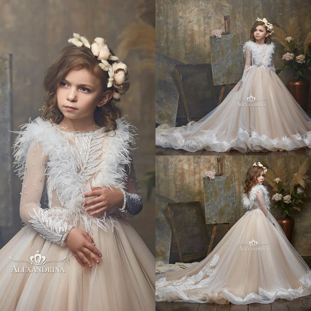 Luxury Feather Lace Flower Girl Dresses for Wedding 2022 Long Sleeve Appliqued Beaded Kids Ball Gown Pageant Dresses For Girls