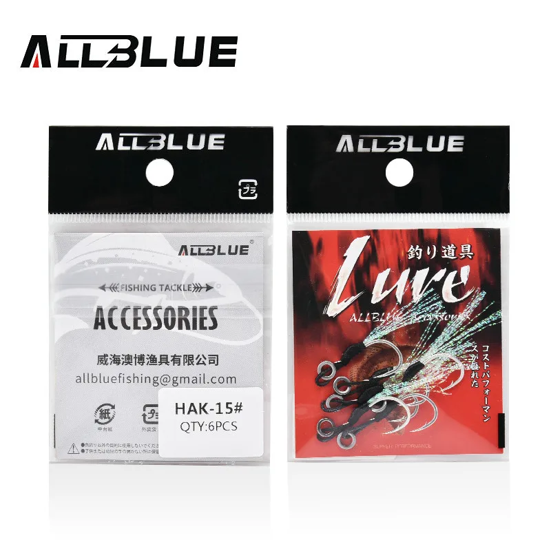 ALLBLUE 6pcs/lot Metal Jig Assist Hook With PE Line Feather Solid Ring Jigging Spoon Saltwater Fishhook for 10-60g Lure