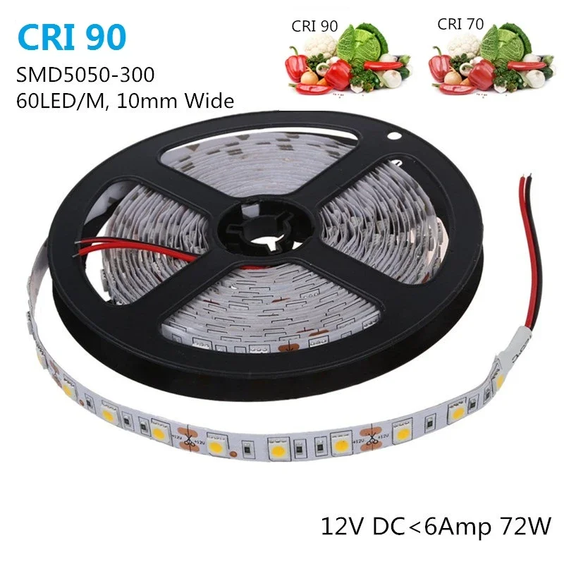 

High CRI90 Flexible LED Strips DC12V Dimmable SMD5050 60LEDs Per Meter Non-Waterproof 10mm Width 900lm Per Meter white pcbboard