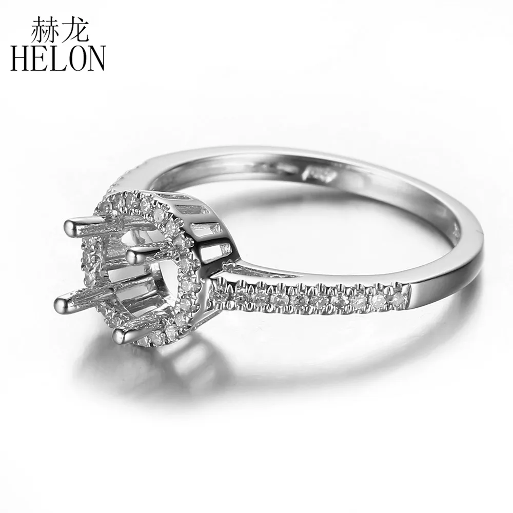 HELON 6mm Round Solid 14k White Gold Pave Natural Diamonds Semi Mount Engagement Wedding Ring For Women Jewelry Best Gift