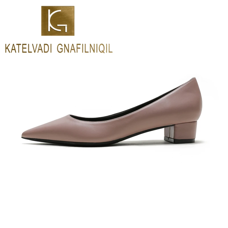 KATELVADI Shoes Woman Split Leather Pumps Thick High Low Heels 3CM Pointed Toe HZL004