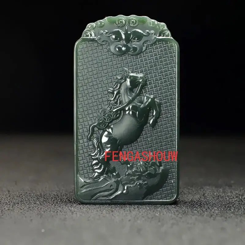 Natural Jade Cyan Double-sided Carved Horse Tag Pendant Charm Jewellery Hand-Carved for Women Men Fashion Accessies