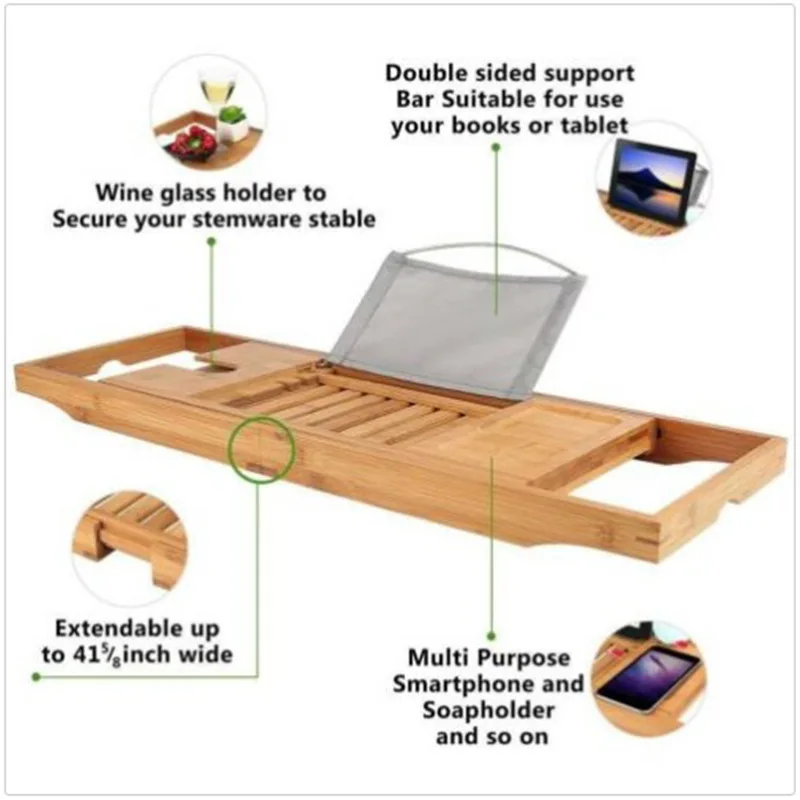 Bambusowe wanny stelaż półki wielofunkcyjna wanna deska Tablet stojak na telefon komórkowy z wysuwanymi bokami łazienka z wanną Caddy Tray