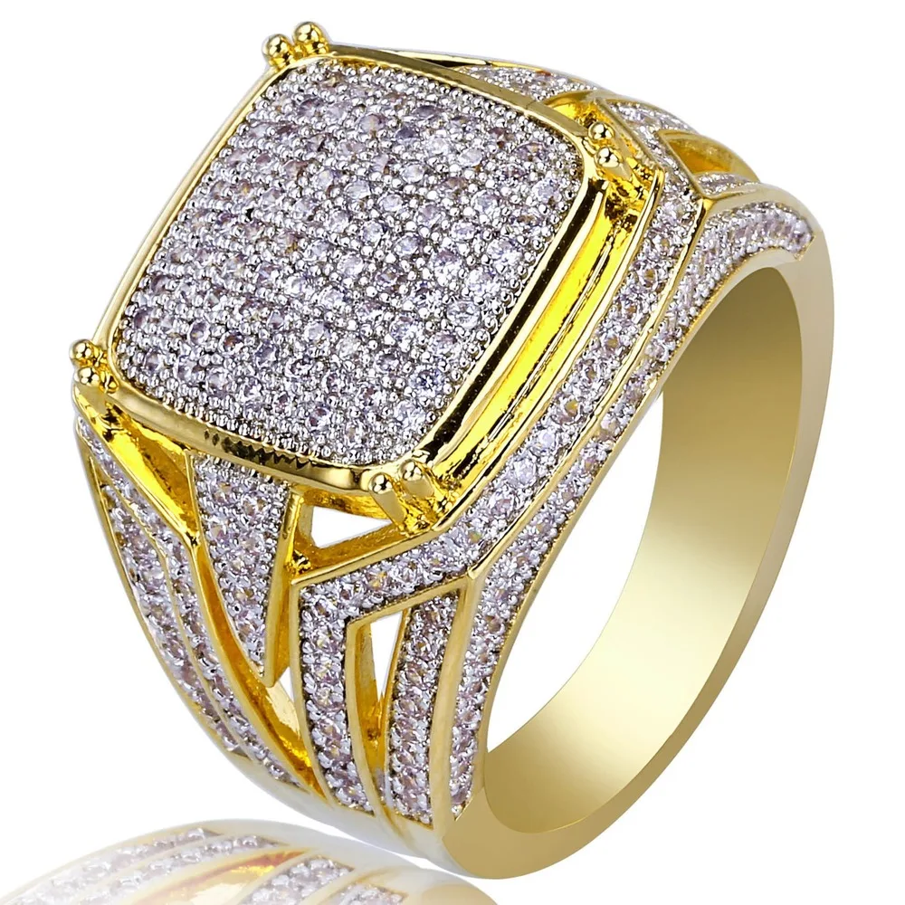 

Iced Out Bling Cubic Zirconia Ring Retro Fashion Jewelry Gold Color Hip Hop Wedding Engagement Band Ring for Men Women