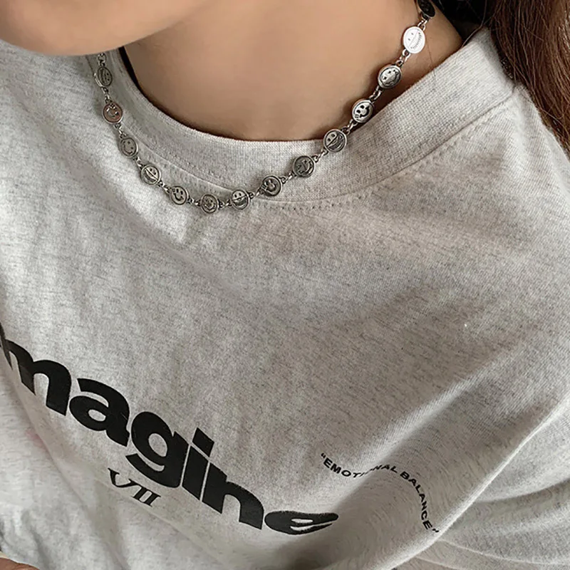 Mewanry Spring New Silver Color Smile Face Clavicle Chain Sweater Necklace Vintage Punk Birthday Party Jewelry Gifts