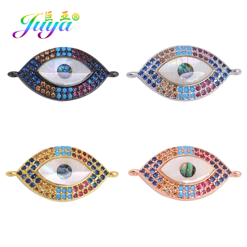 Juya Handmade Rainbow Gold/Silver Color Shell Fatima Evil Eye Connector Charms For DIY Greek Turkish Eye Jewelry Making Supplies