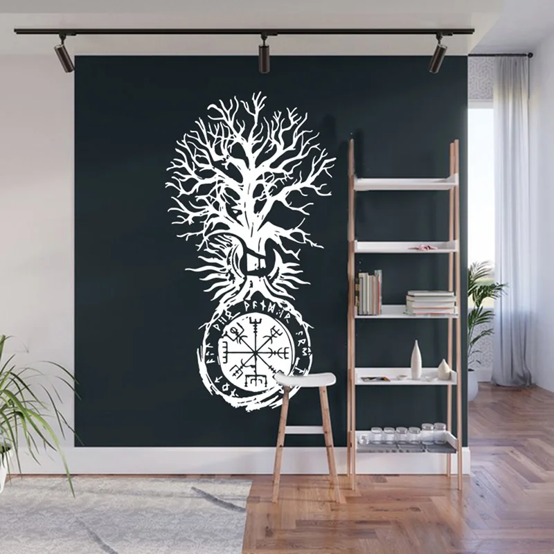 Retro The Inscriptions Of The Ancient Vikings Yggdrasil Tree Wall Sticker Office Bedroom Moon And Sun Wall Decal Living Room Vin