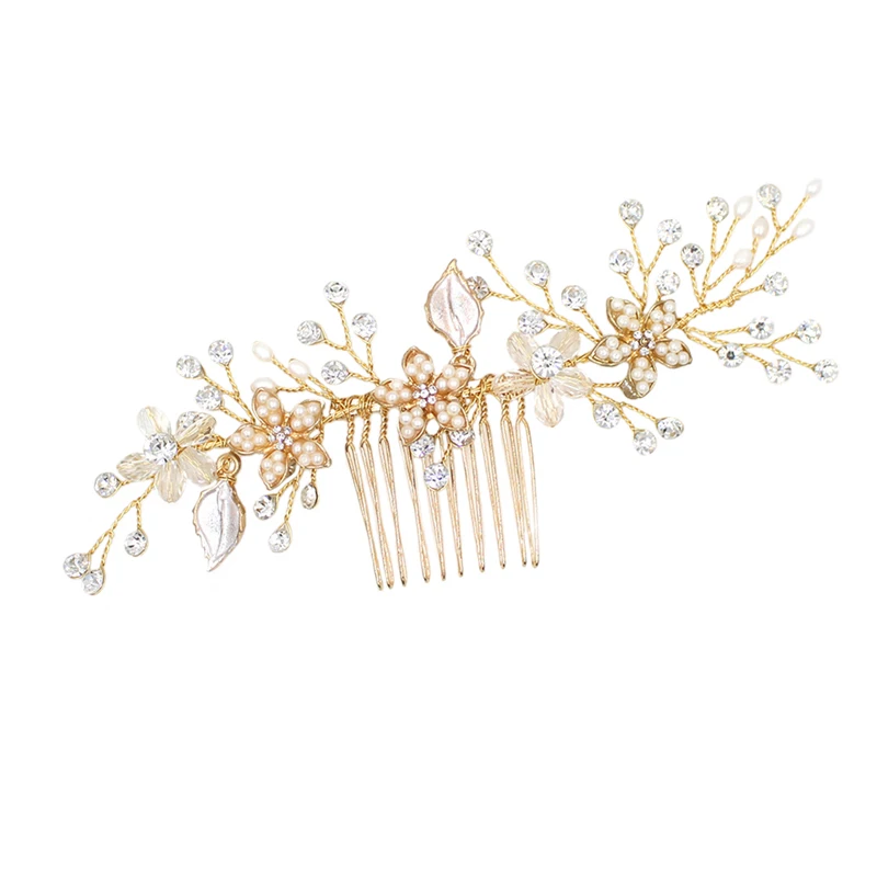 O835 handmade pearl bridal hair comb leaf branch gold wedding hair clip bride wedding hair accessories