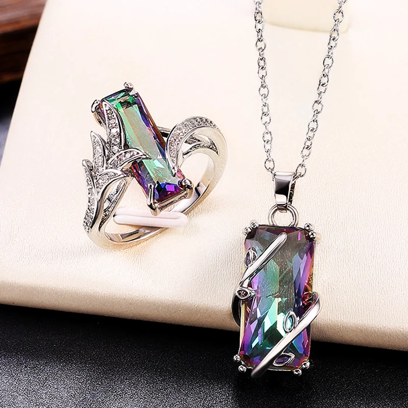 

Huitan Multicolored Rectangular Stone Ring/Necklace Set Novel Design Anniversary Party Women Jewelry Factory Direct Selling Set