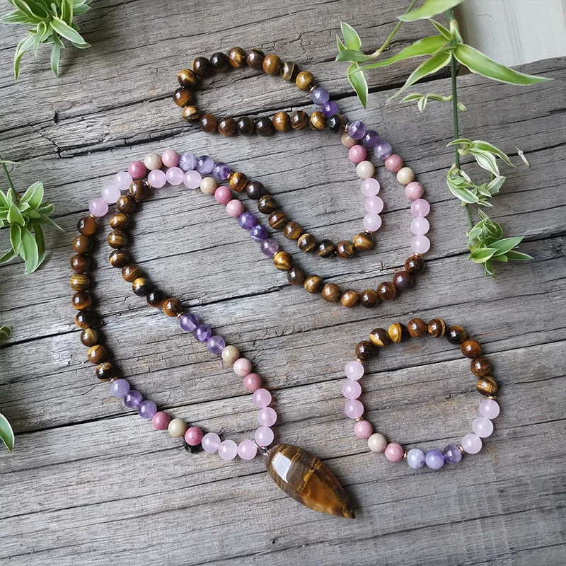 8mm Natural Stone Beads,Tigers Eye Pendant Necklace,Amethyst,Charming Bracelet,Spiritual Power Jewelry,108 Mala Beads