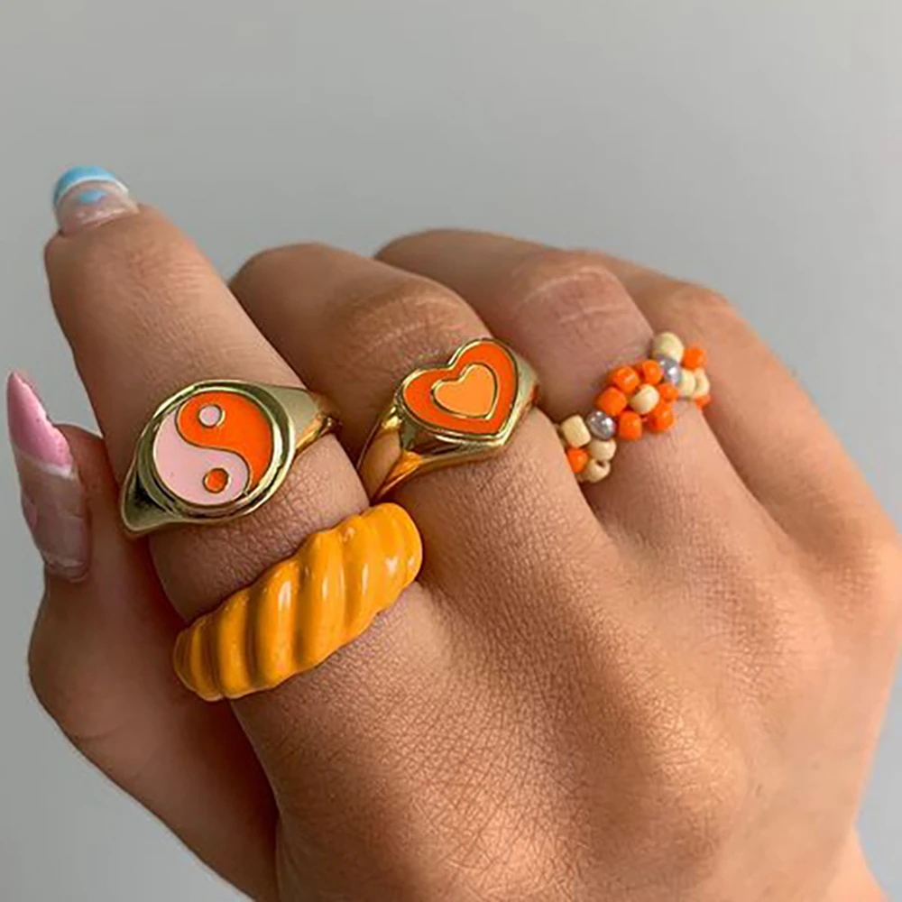 KISSWIFE Ins Style Gold Color Silver Color Orange Rings Set For Women Girls Hug Ring Heart Geometric Finger Ring Fashion Jewelry