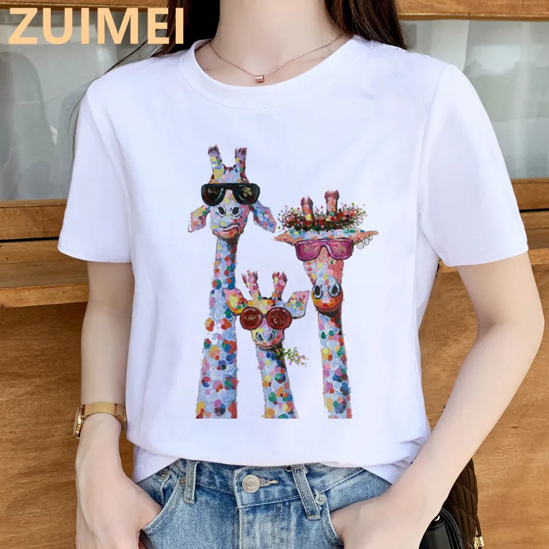 Giraffe Animals Family Cartoon Print Harajuku Top Women T-shirt Casual ladies basic O-collar Short Sleeved Tshirt Girl,Drop Ship