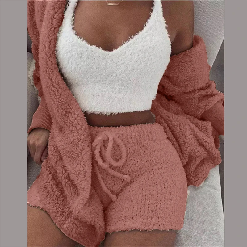 Sexy Women Fluffy Pajama Sets 3 Piece Tracksuit Plush Hooded Cardigan Coat+Crop Top+Shorts Casual Sleepwear Suits Plus Size