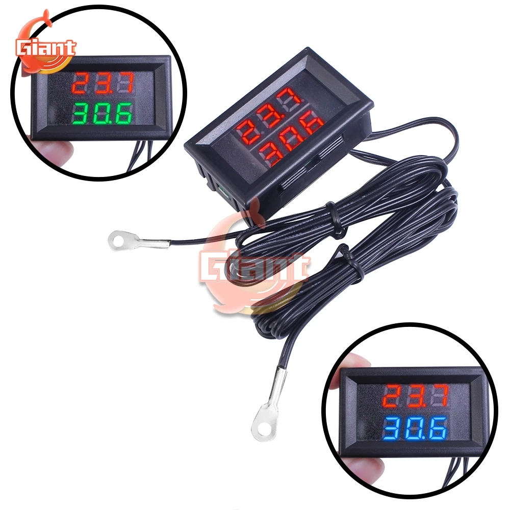 Mini Dual Display Digital Thermometer Dual NTC Waterproof Metal Probe Temperature Sensor Tester for Car Room Indoor DC 4-28V 12V