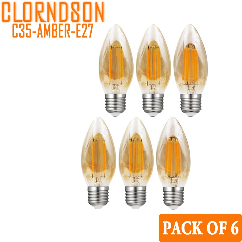 

Pack of 6 Dimmable C35 LED 2W 4W 6W 8W Edison E26/E27 AMBER Vintage Candle Lamp 110V 220V Filament Bulbs Decor Incandescent