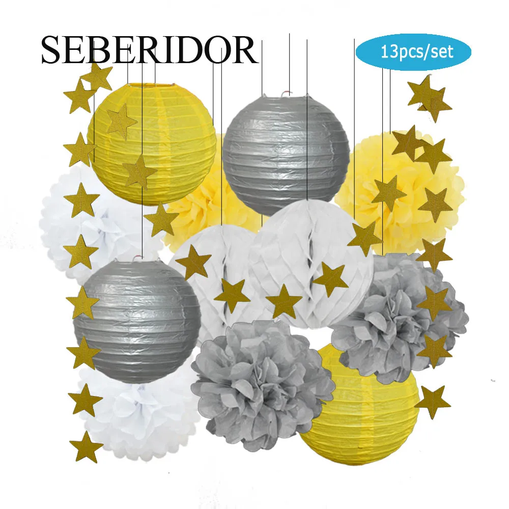 Kids Boy 13th Birthday Bar Mitzvah Party Favor Decor Gold Navy Blue Round Paper Lantern White Honeycomb Baptism DIY Glitter Star