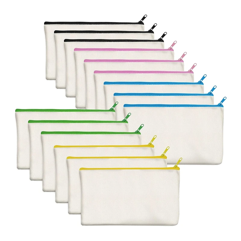 15 Pack Blank Cotton Canvas DIY Craft Zipper Bags Pouches Pencil Case For Makeup Cosmetic Toiletry Stationary Storage