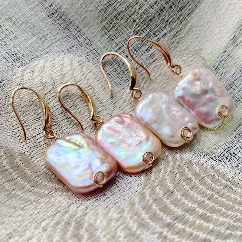 Elegant Real Natural Freshwater Pearl Dangle Earrings for Women Rainbow Shiny Irregular Rectangle Biwa Baroque Pearl Earrings