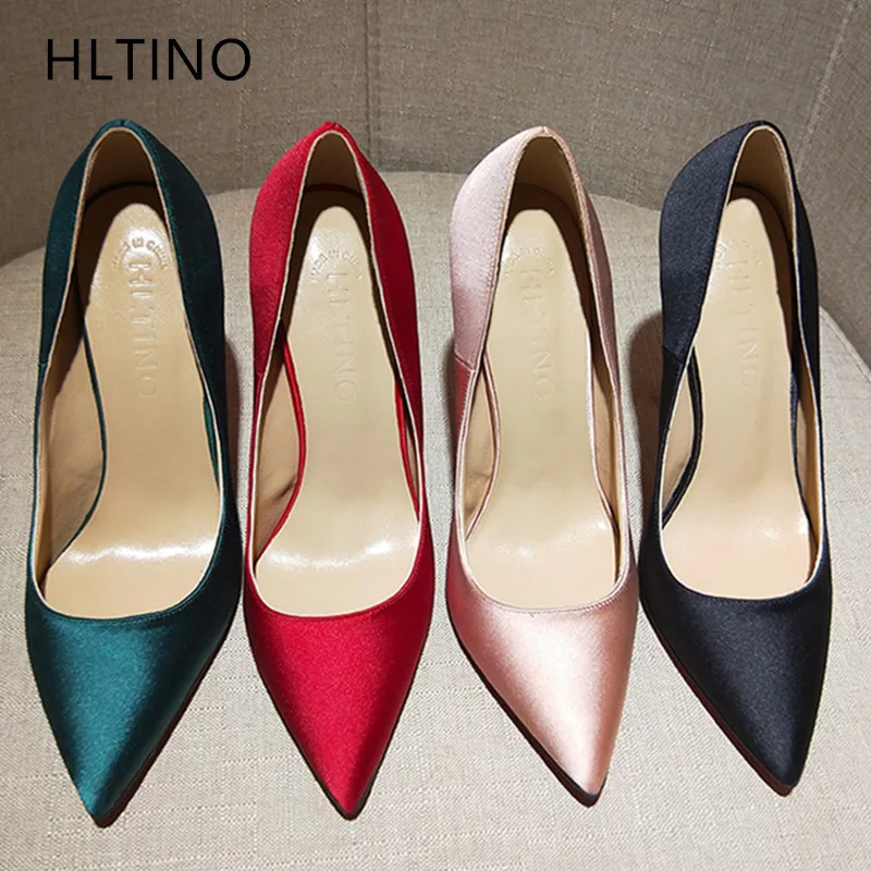 Quality Silk Satin Women Sexy Pumps Red Bottom Shoes Wedding Party Dress Pointed Toe Shallow High Heels Thin Heel Stilettos