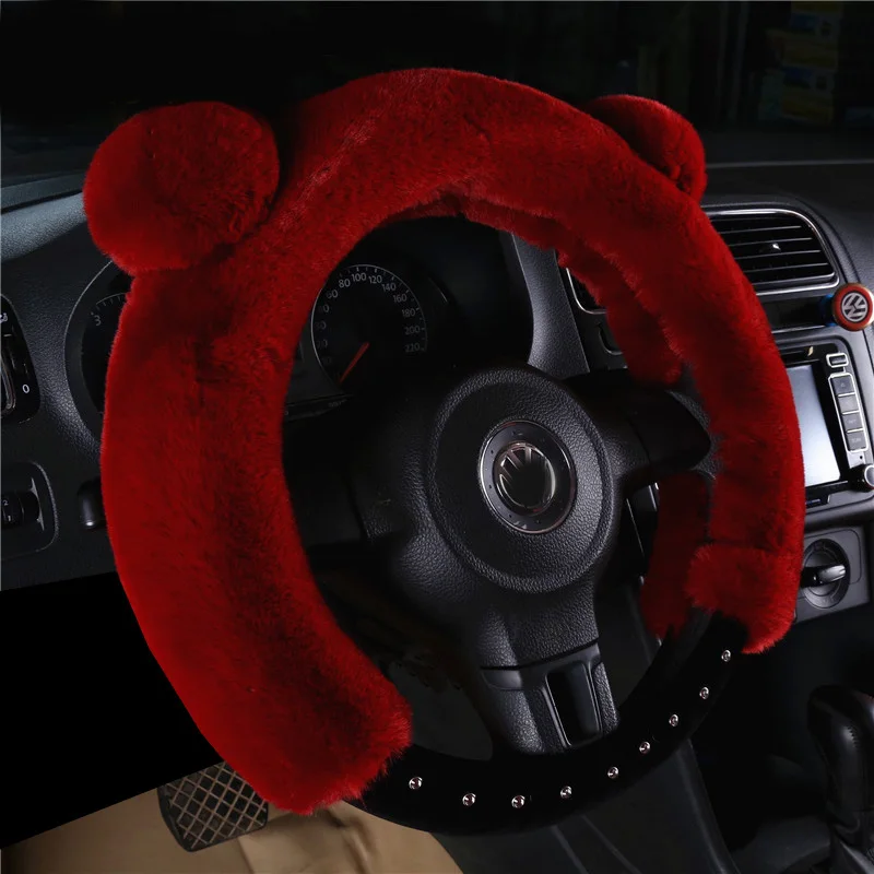 Cartoon Cute Panda Plush Car Steering Wheel Cover Universal Winter Rhinestone Steering Wheel Case Soft Fluffy Auto Accessories