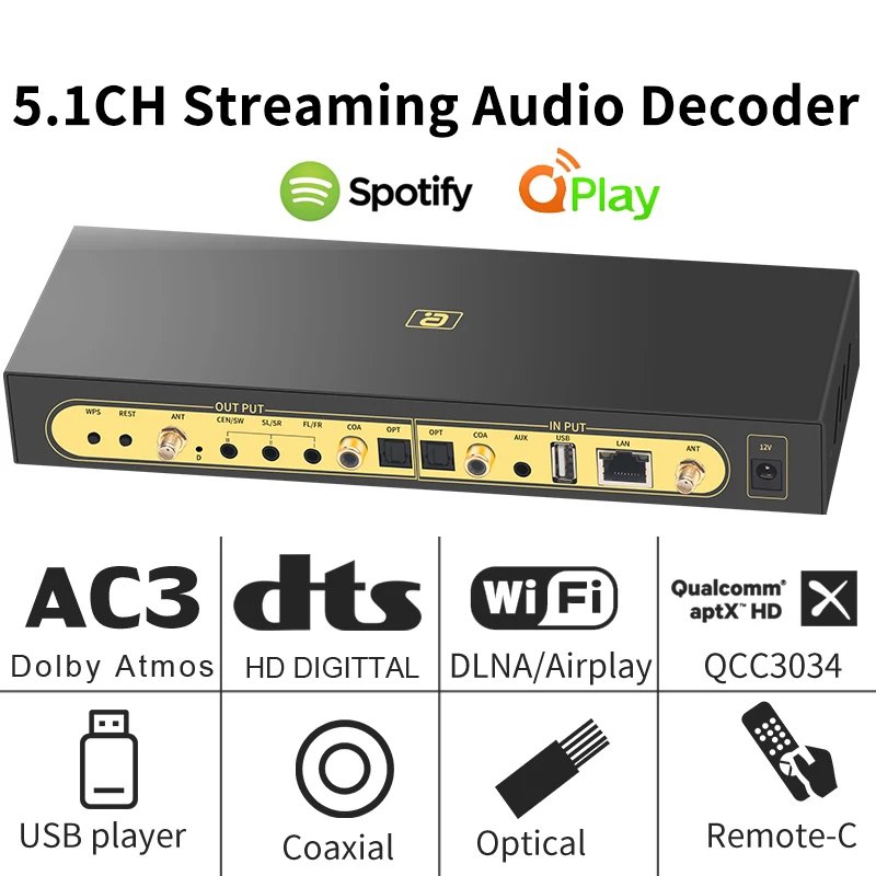 Airplay DLNA WiFi Music Box 5.1CH Audio Decoder aptXHD Bluetooth 5.0 Reciever DAC DTS AC3 Atmos SPDIF Coaxial PC-USB Sound card