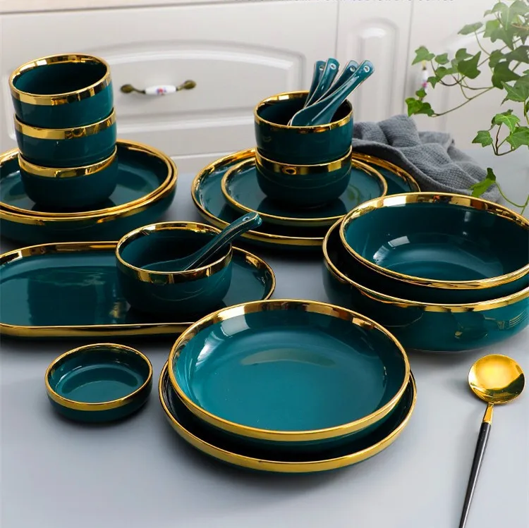 MT Nordic Light luxury golden border ceramic dishes dishes tableware high grade grandmother green household dishes steak plate