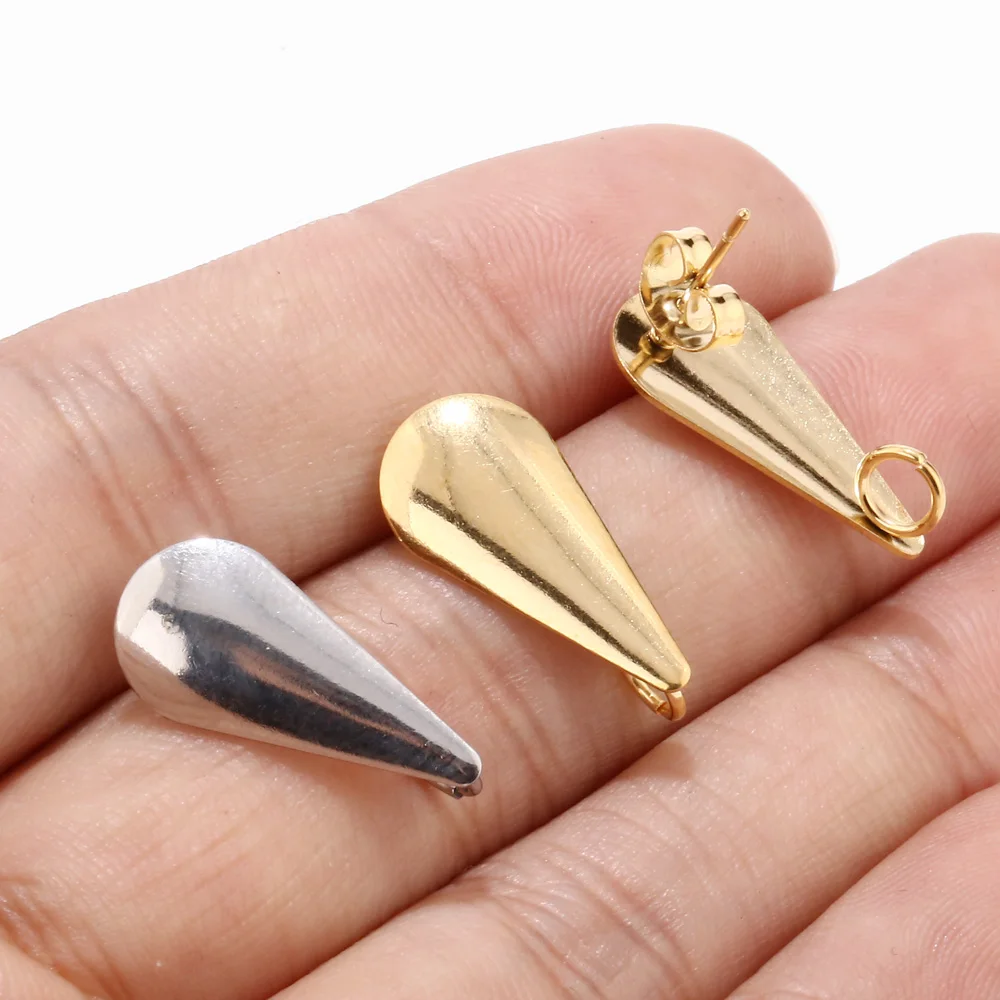 10pcs Stainless Steel Hypoallergenic Teardrop Stud Post Earring Findings With Loop Real Gold Plated Waterdrop Earstuds 20x9mm